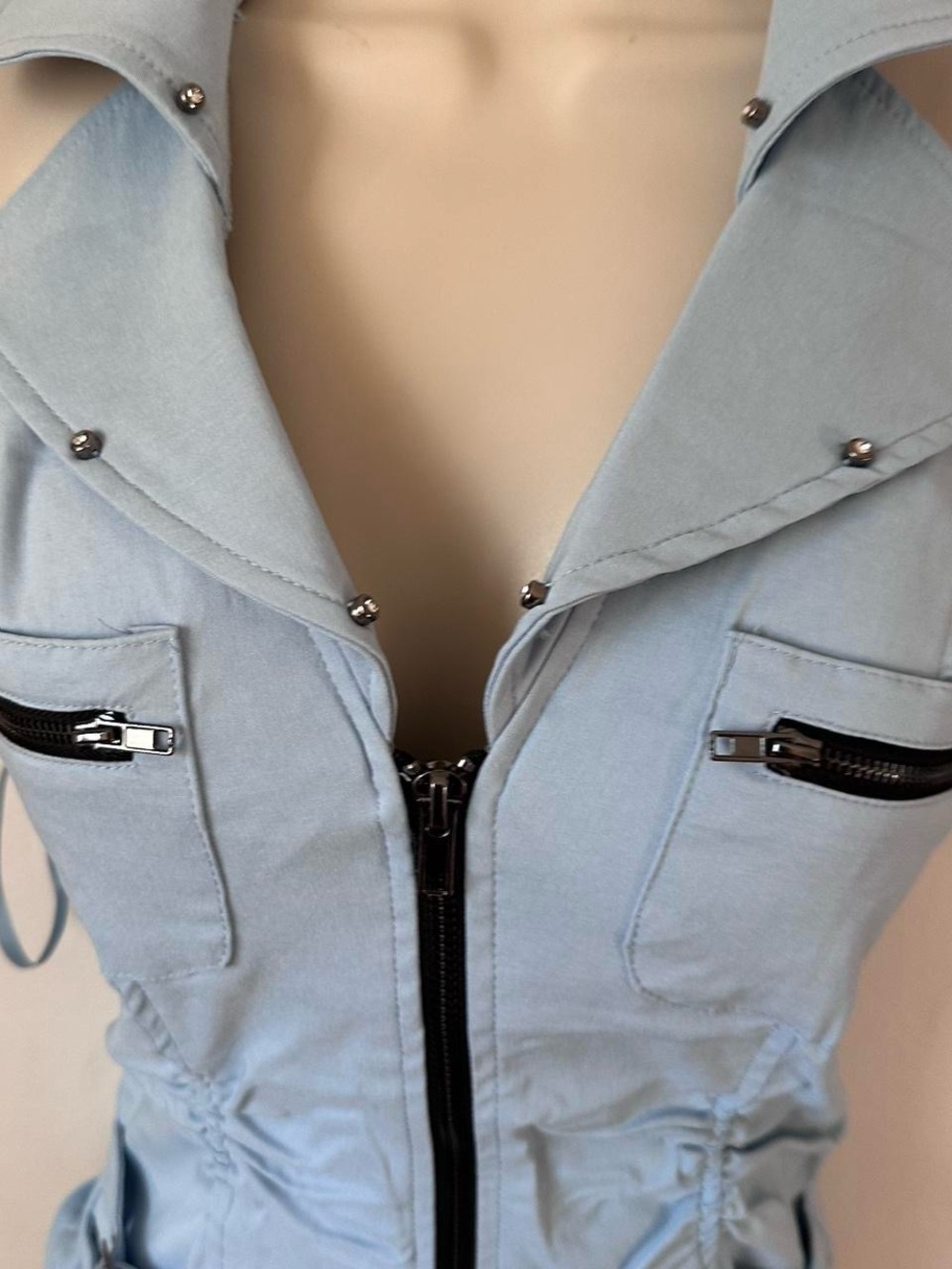Light Blue Zip Front Stud Collar Vest - Picture 4 of 8